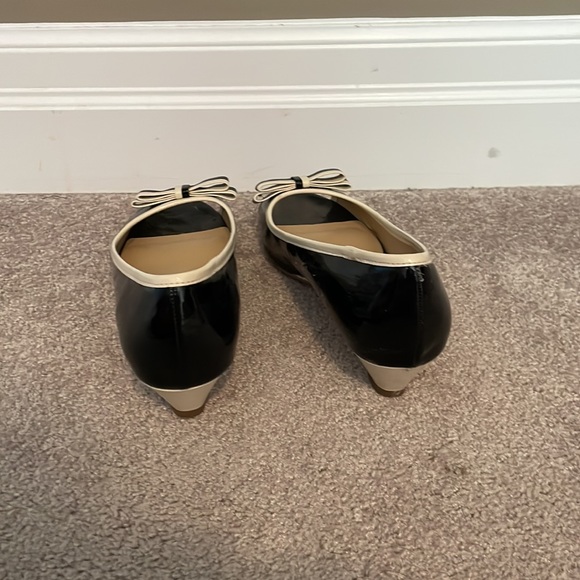 Open Toe Low Heel Black and Cream Wedge Shoes - Picture 2 of 5